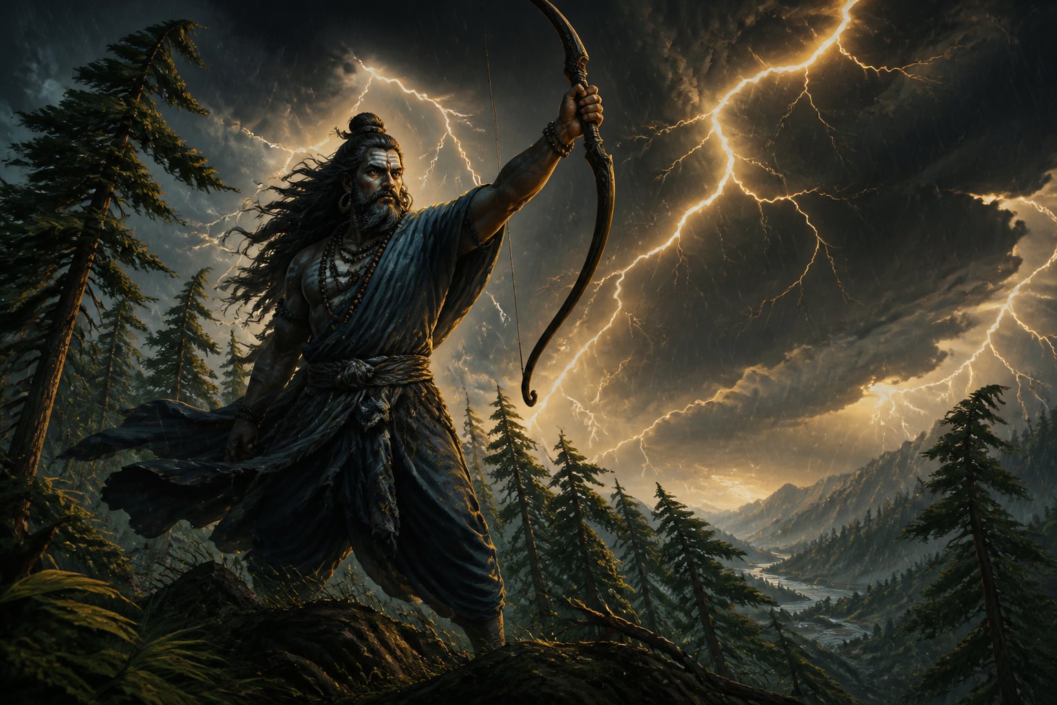 Rudra the fierce storm howler over a forest ridge