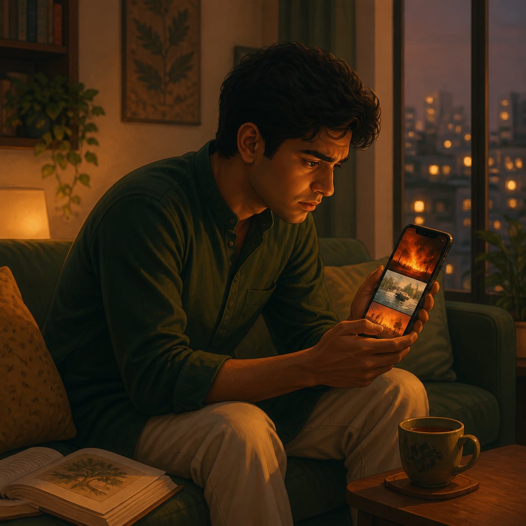 A young Indian doomscrolling climate news at evening