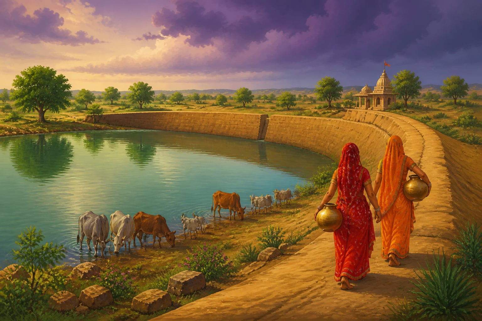 A traditional johad water-harvesting structure with monsoon clouds gathering