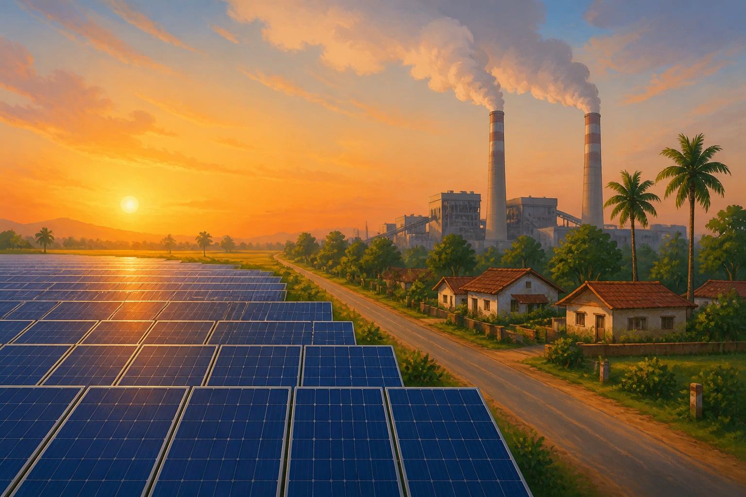 India's solar fields beside coal smokestacks at sunset