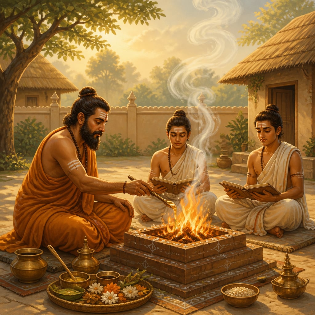 Vedic priests at a dawn fire altar performing Agnihotra