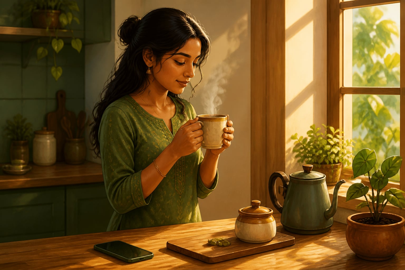 A young woman beginning her morning coffee ritual with attention