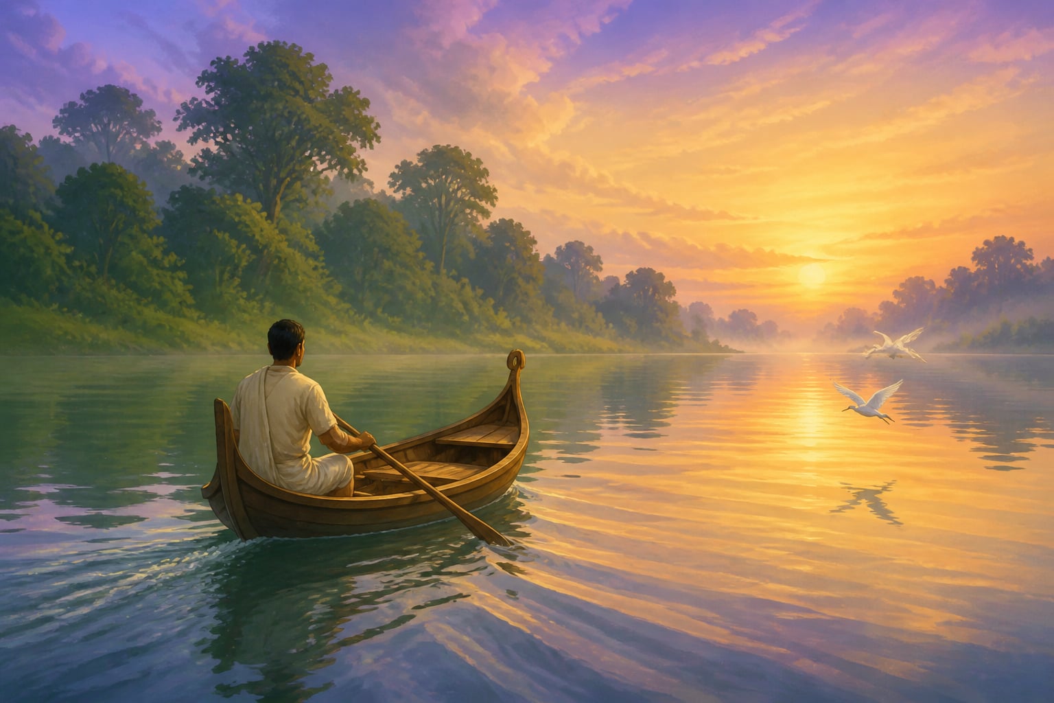 A small boat drifting steadily across a still river at dawn
