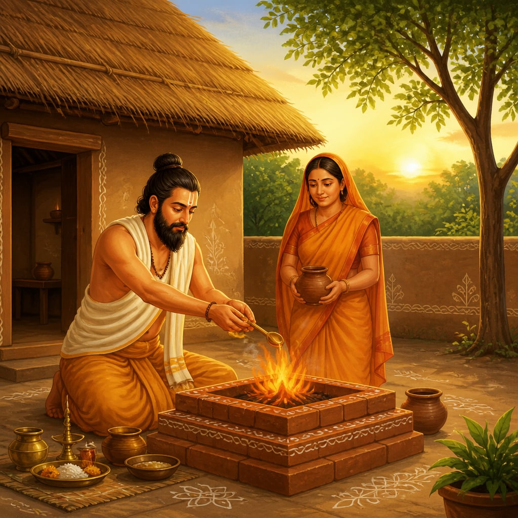 Householder performing dawn Agnihotra at a small brick altar