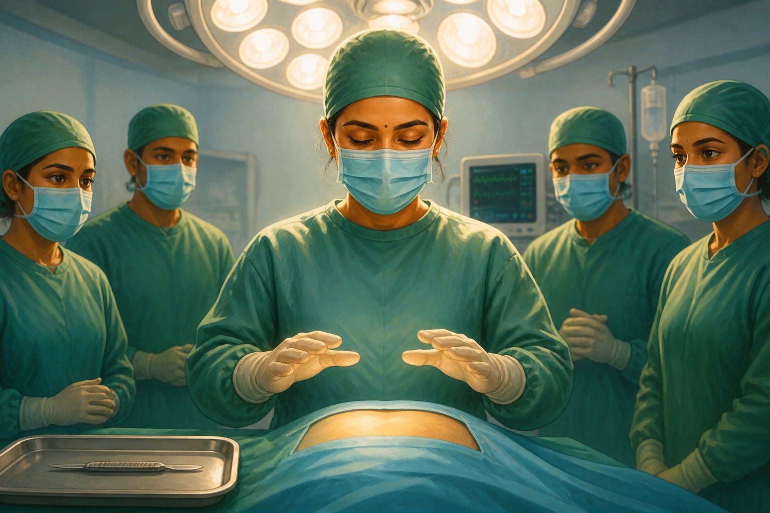 A surgeon pausing for one breath before the first incision