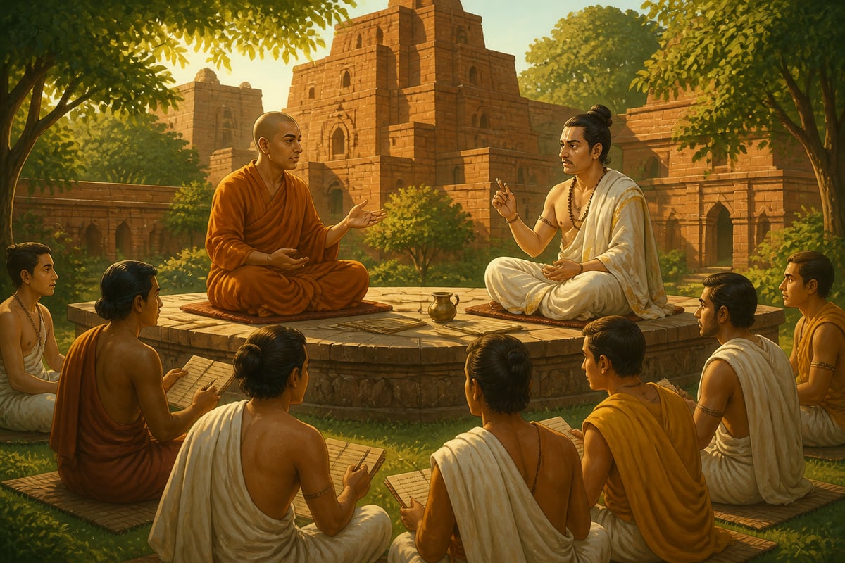 Buddhist and Hindu scholars debating ritual at Nalanda