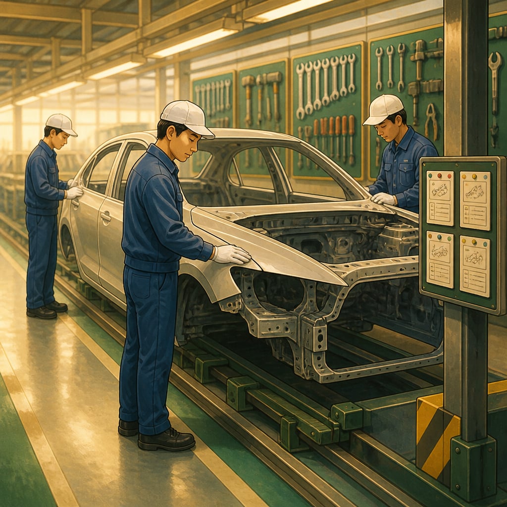 Toyota factory floor workers performing morning standup ritual