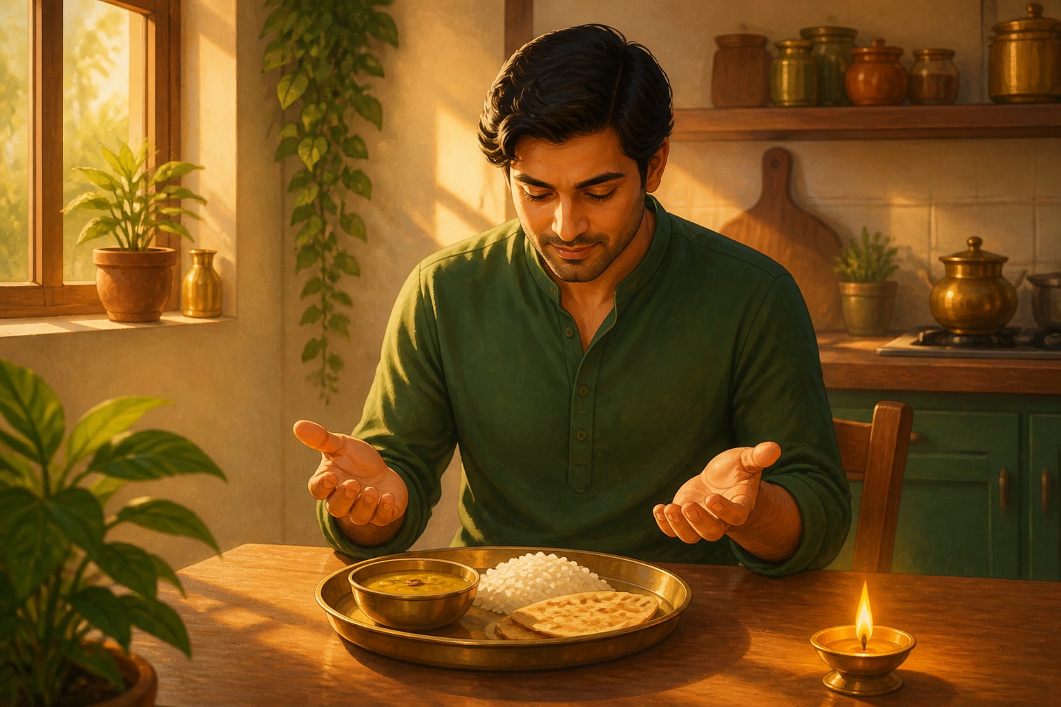 A man pausing before a simple meal as anna-prāṇāgnihotra