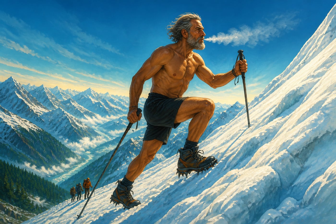 Wim Hof climbing a snow slope in shorts