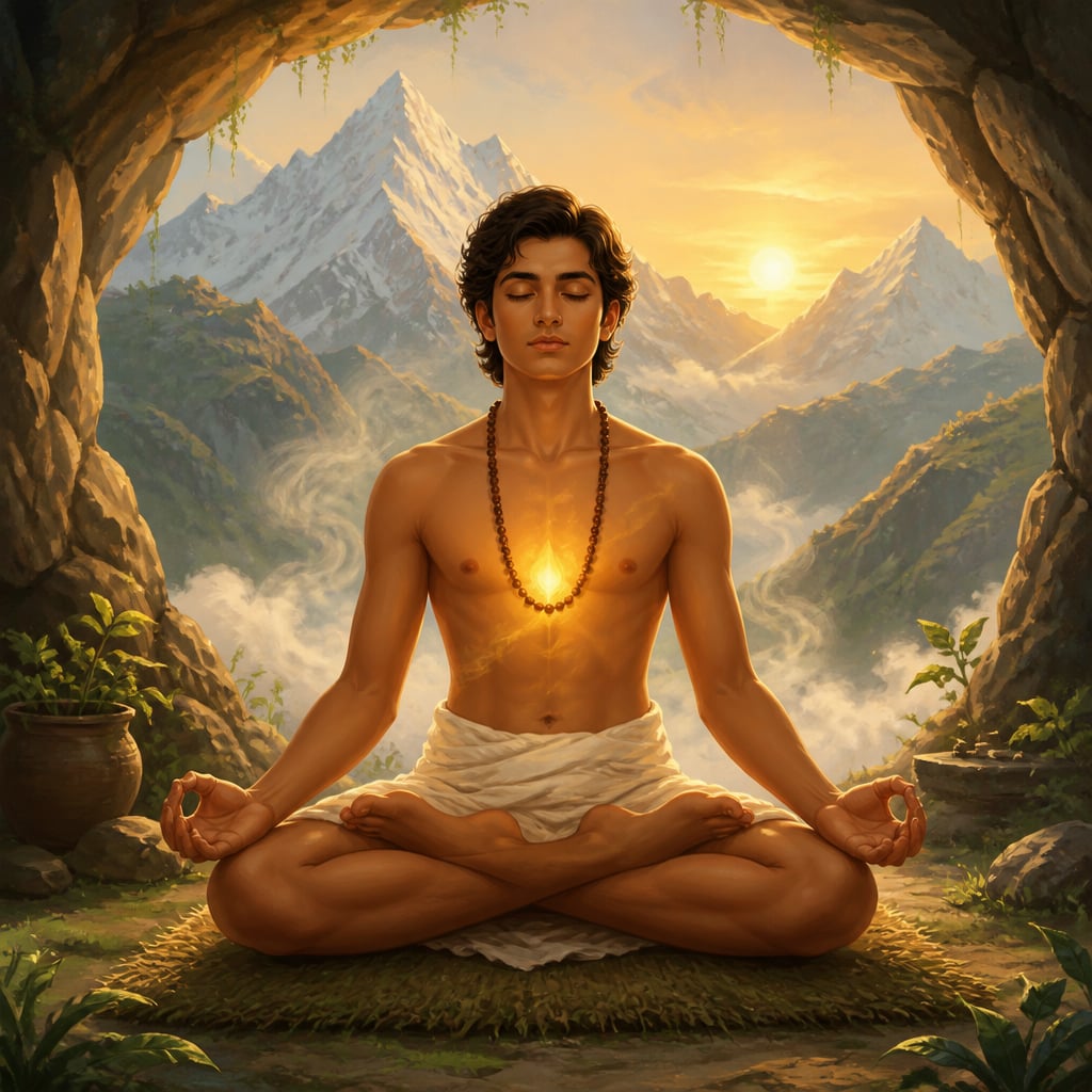 Young yogi seated in lotus posture practising pranayama at dawn