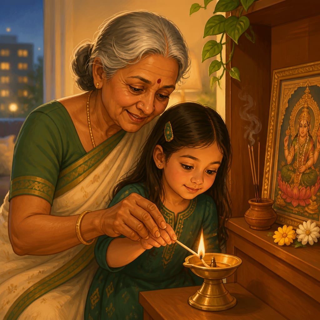 Tamil grandmother teaching her granddaughter to light a lamp