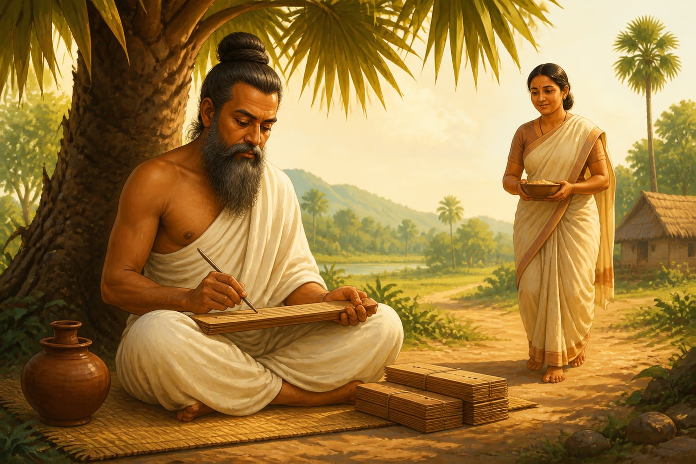 Thiruvalluvar composing the Thirukkural beneath a palmyra tree