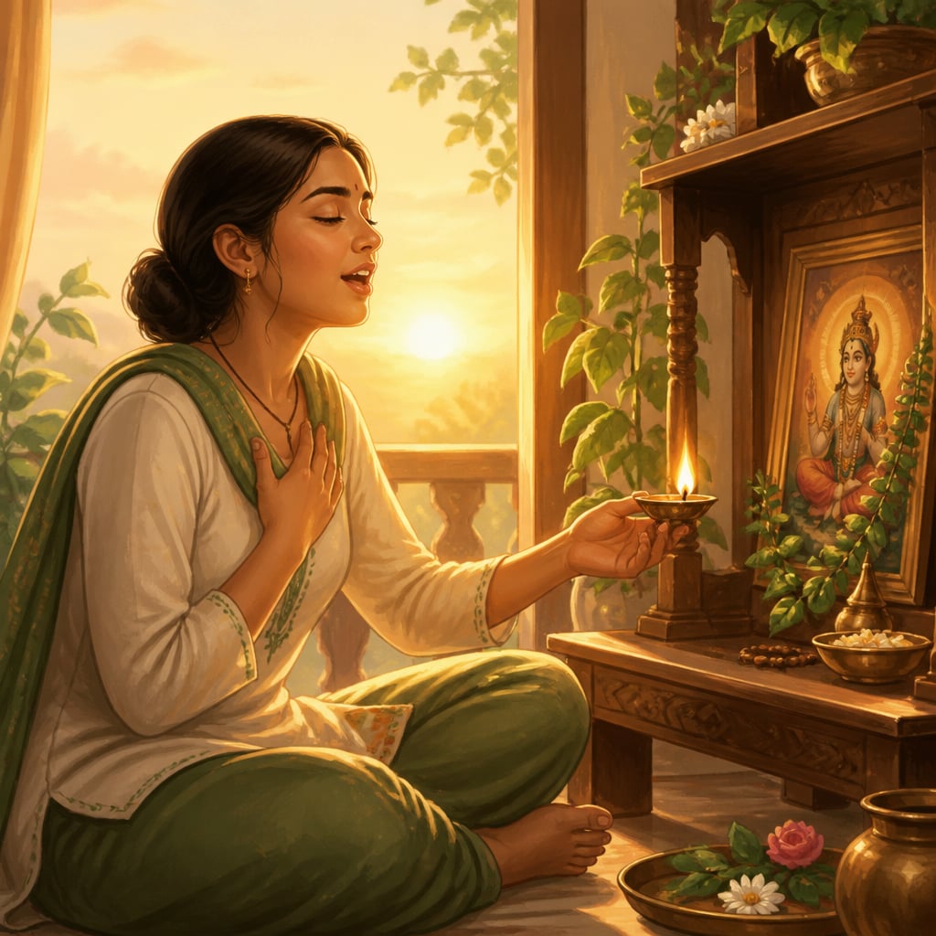 Young woman seated before a small home altar at dawn taking a vow