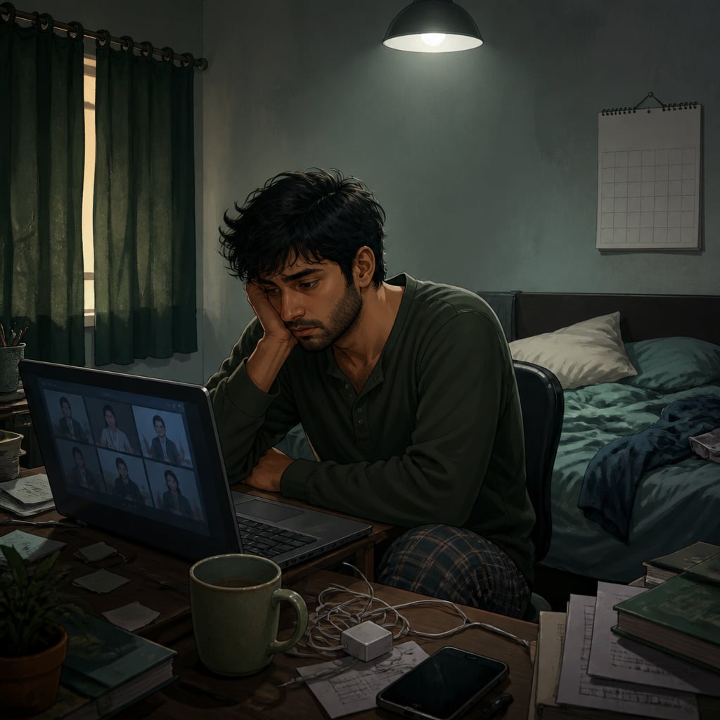 Remote worker at a cluttered home desk in pajamas late morning