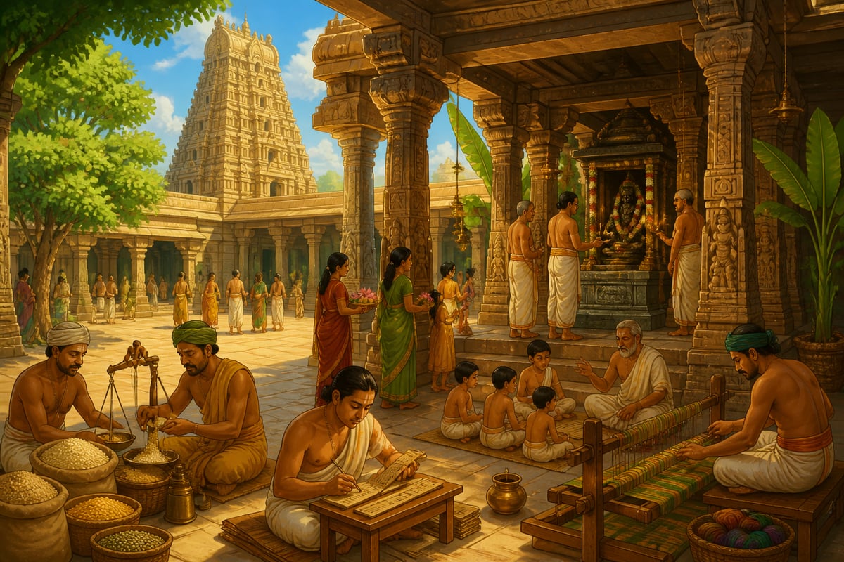 A Chola-era temple complex bustling with integrated activity