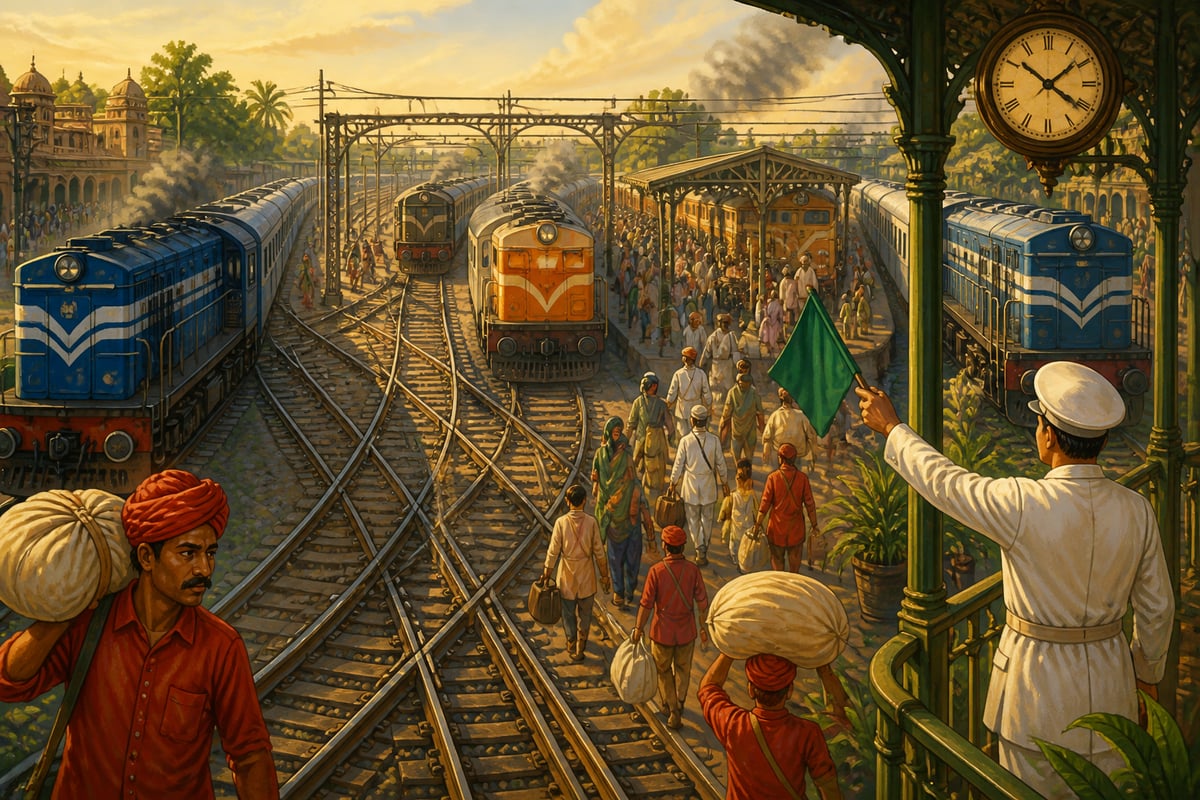 An Indian Railways junction with four converging trains