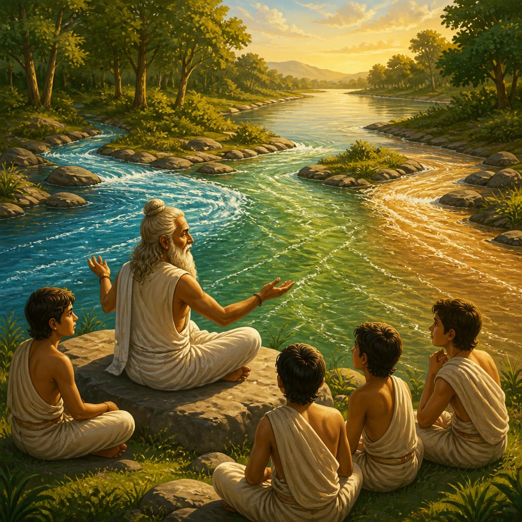 Rishi and students at a three-river confluence