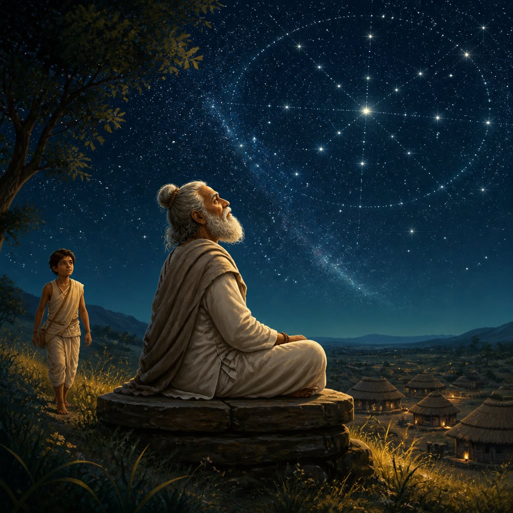 Rishi gazing at midnight stars with a student approaching