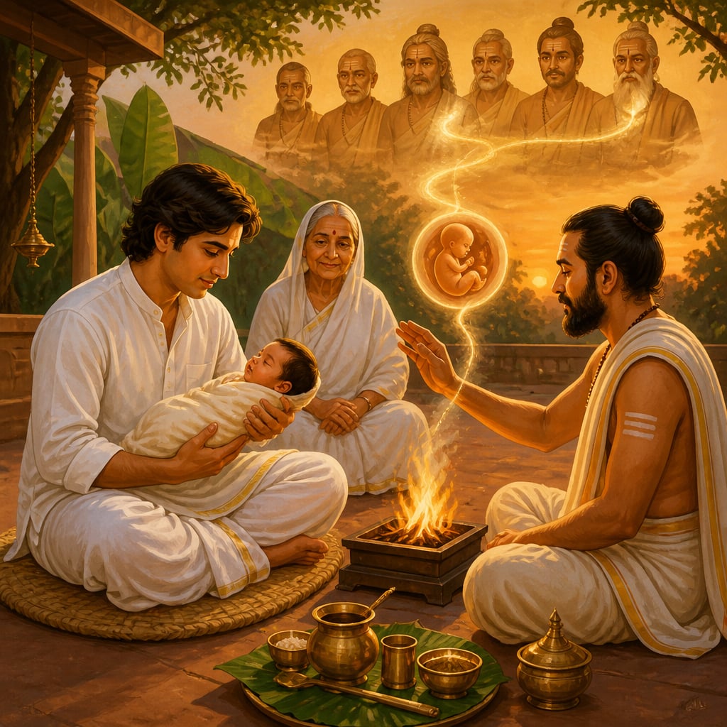 Young father holding newborn at the jatakarma fire with elders watching