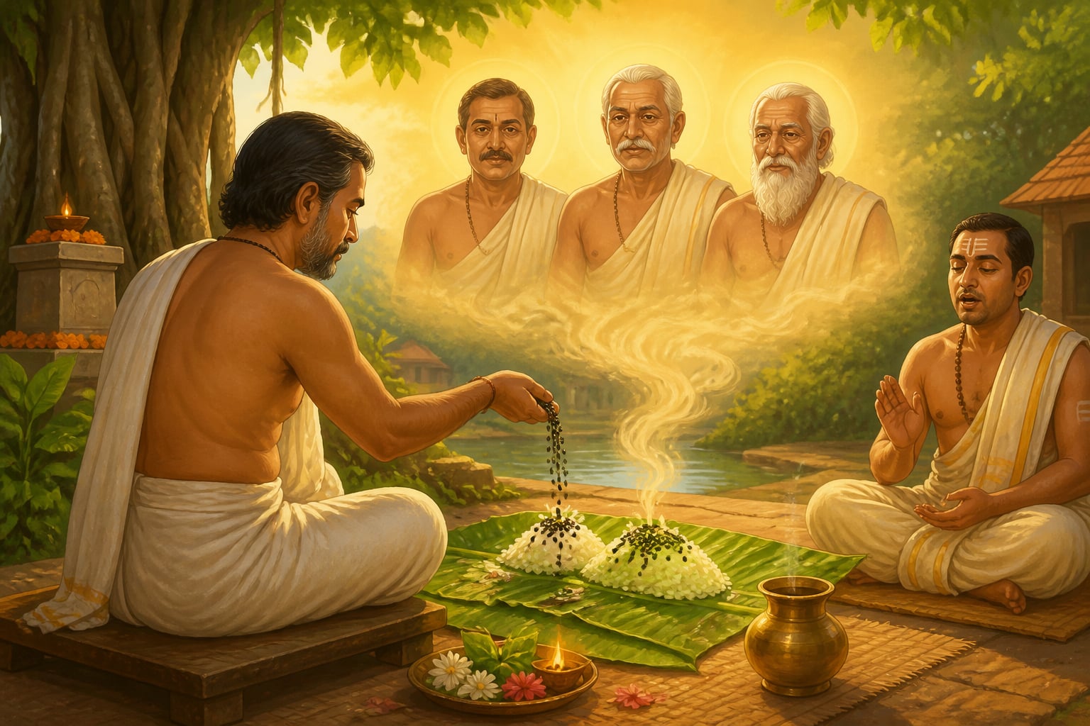 A householder performing shraddha for three generations of ancestors