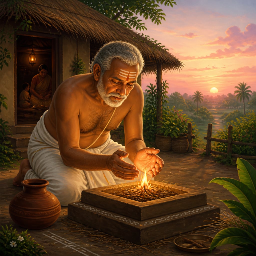 Village priest kindling the garhapatya hearth at dawn
