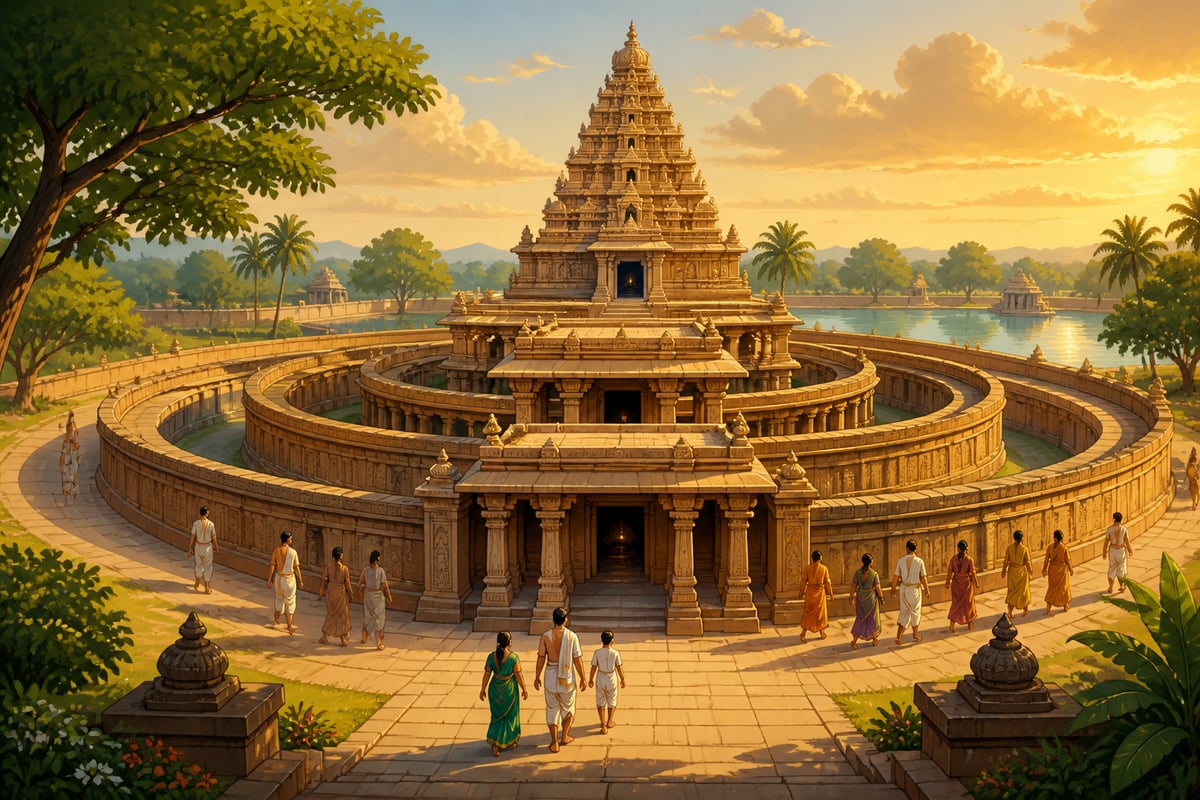 A South Indian temple shikhara rising like Mount Meru