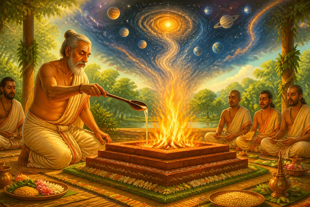 A ritualist pouring ghee on the yajna altar fire