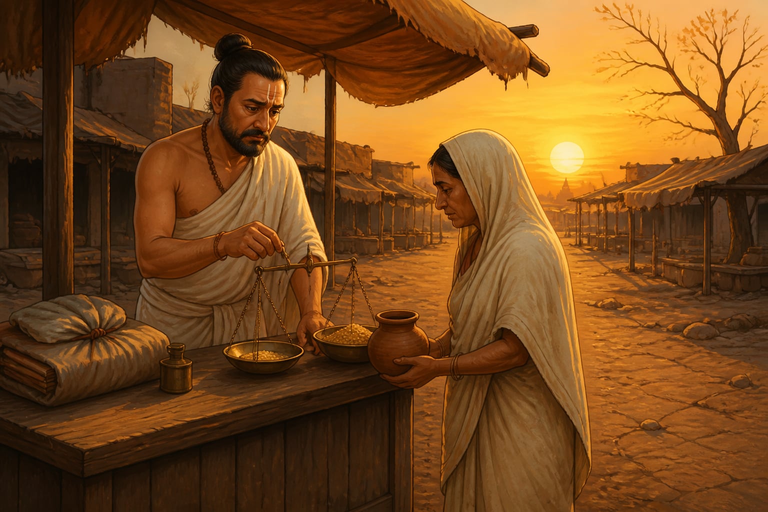 A Brahmin scholar selling grain in a famine market