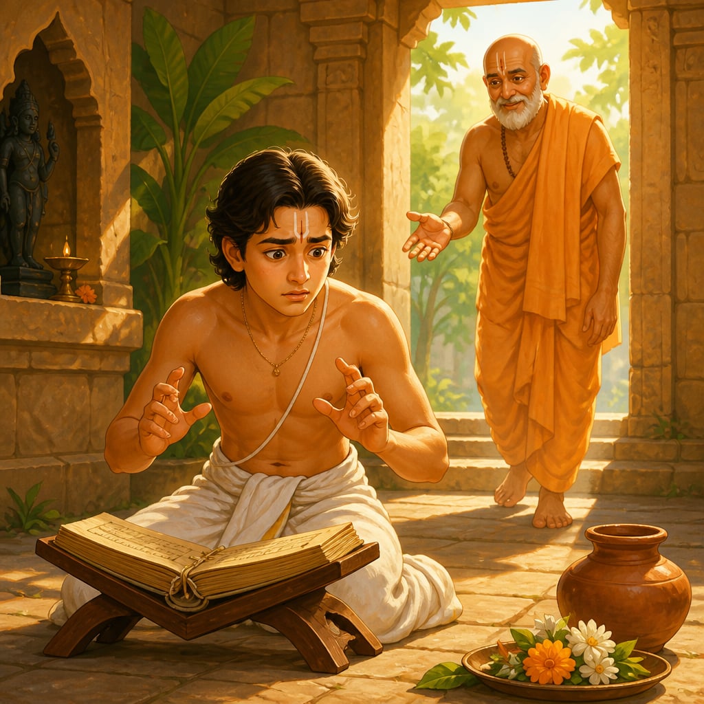Young Brahmin frozen at a manuscript with his teacher approaching