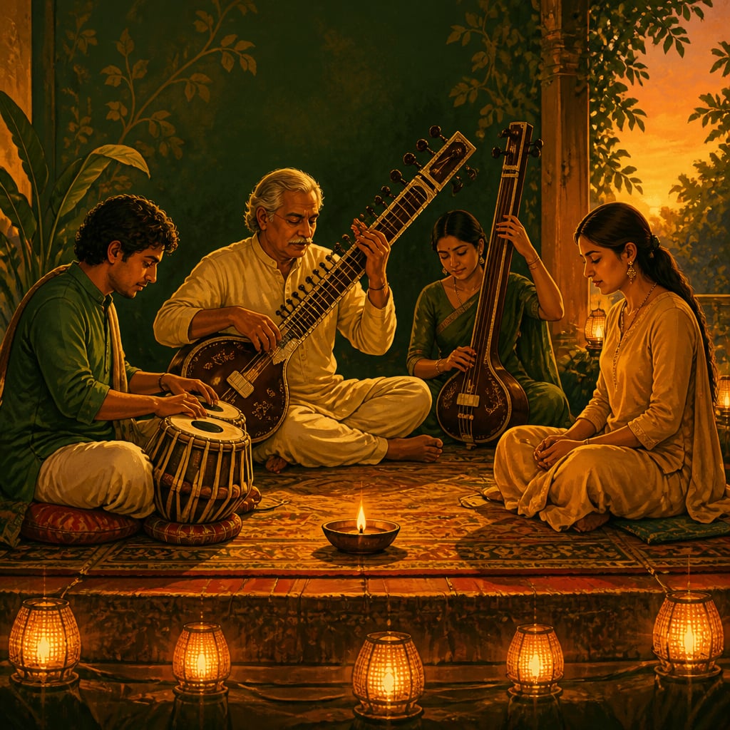 Indian classical ensemble tuning before performance