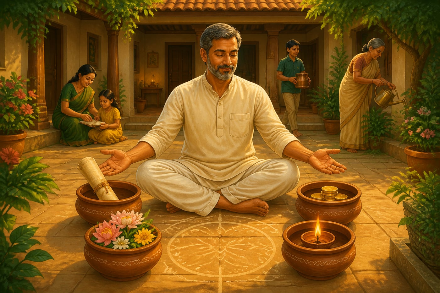 A householder holding the four purushartha aims in balance