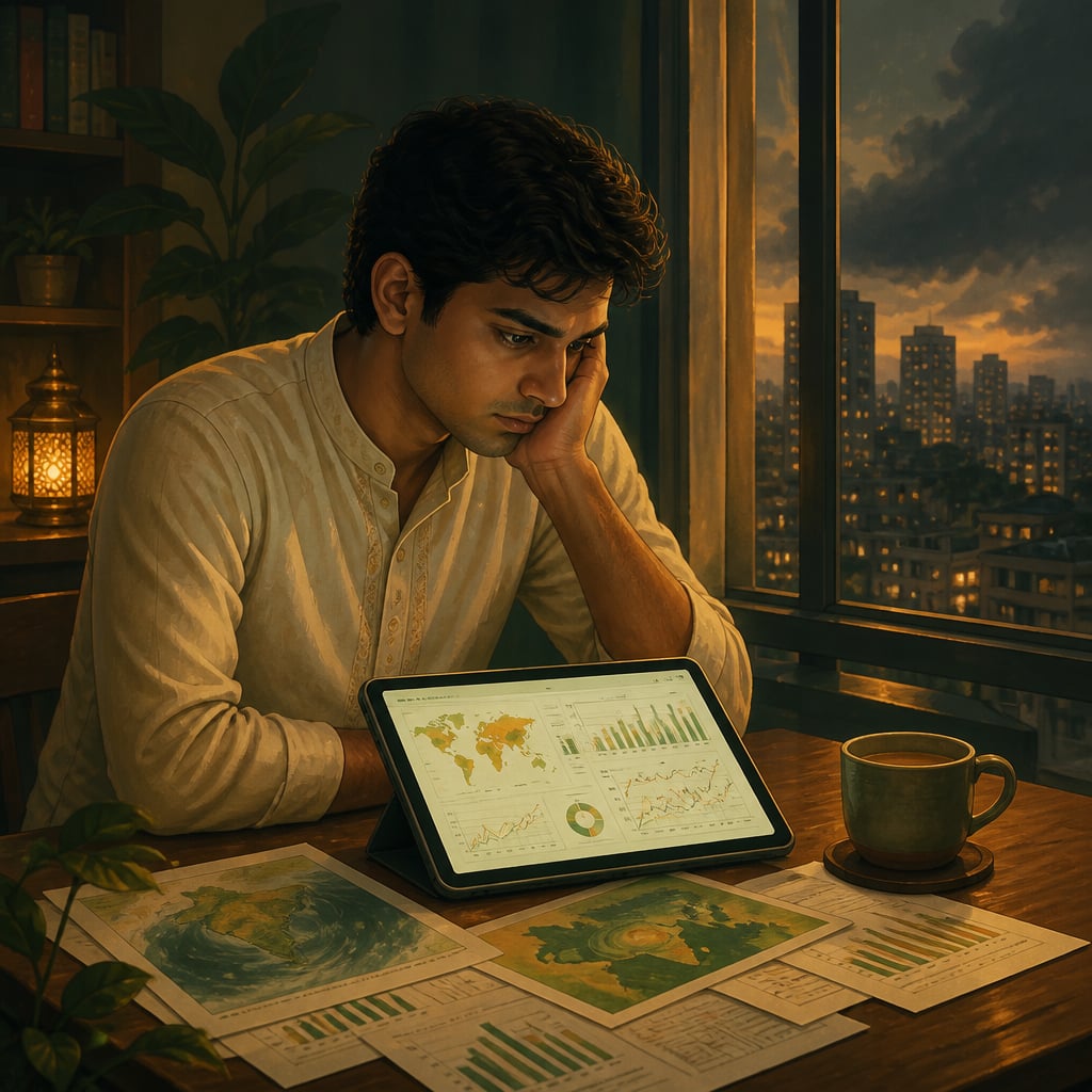 Young professional reading a climate report at a window