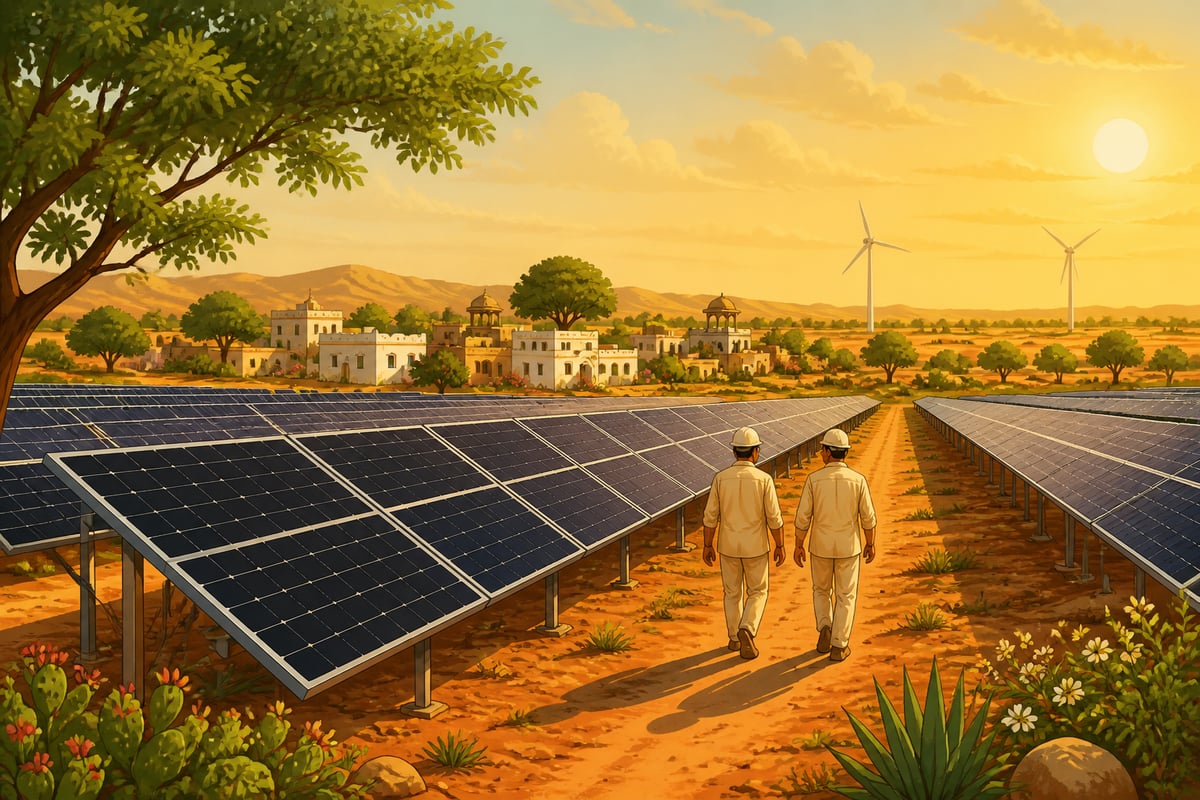 A Rajasthan solar farm with engineers and a village beyond