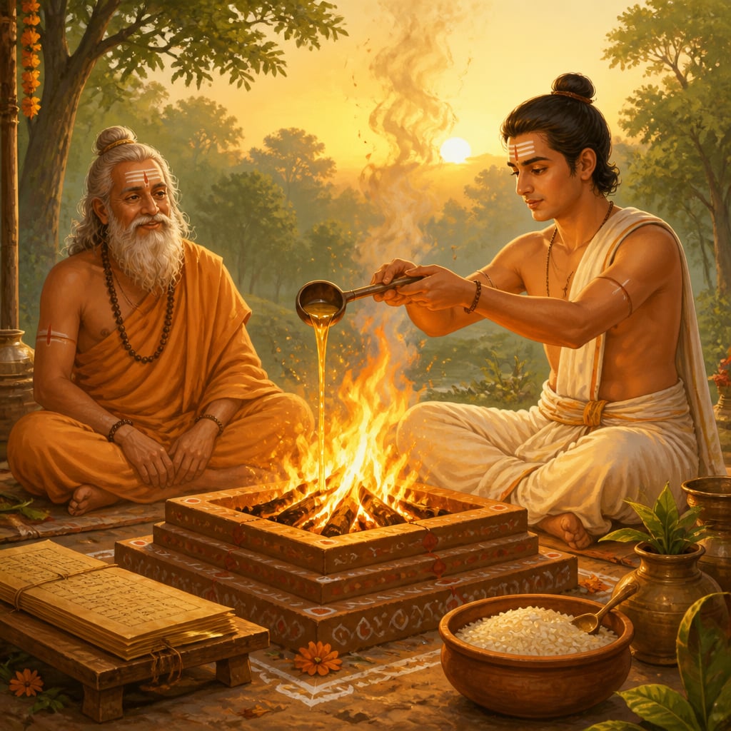 Young Vedic priest pouring ghee into the dawn yajna fire as his guru watches