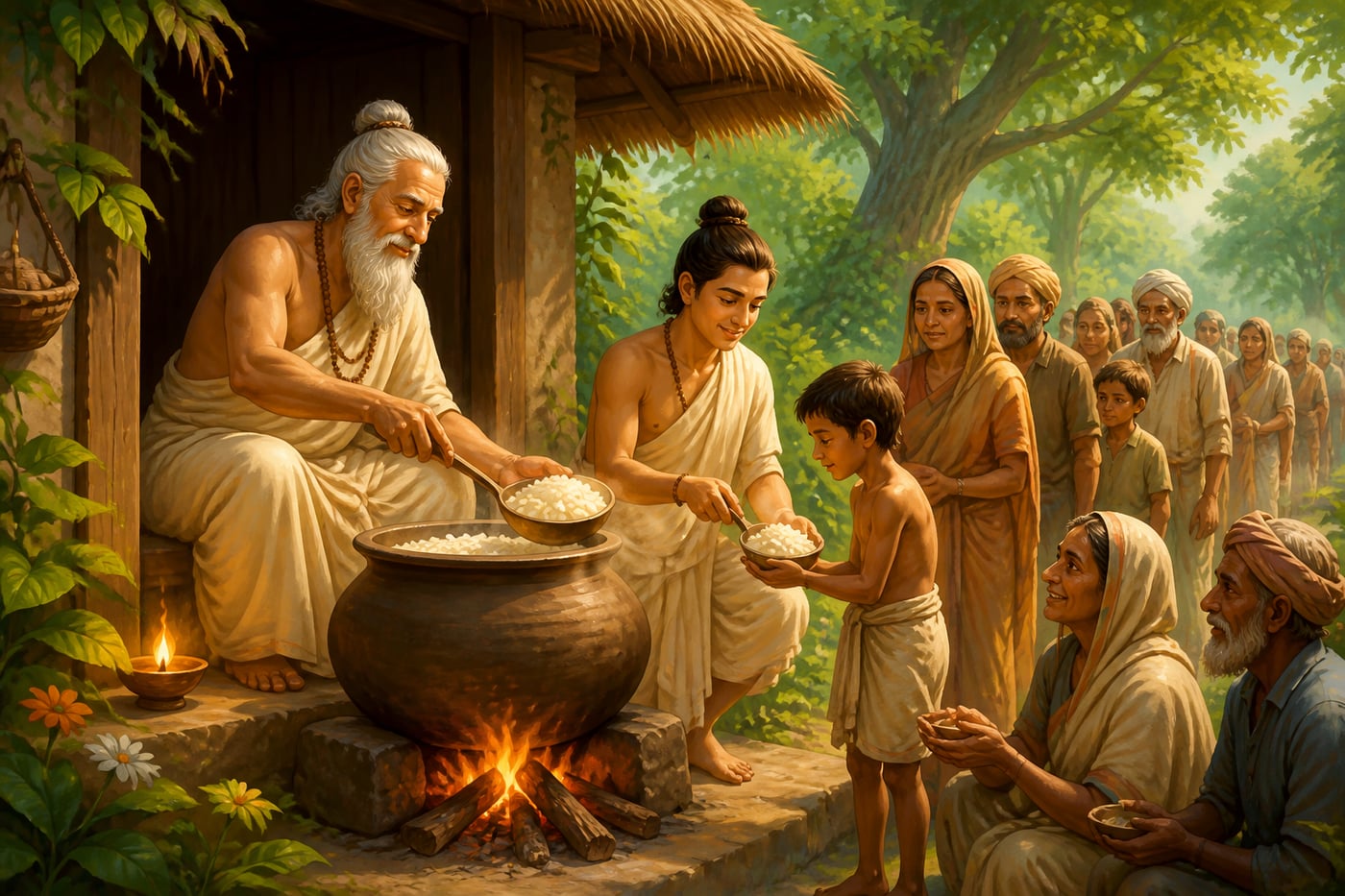 Rishi Bharadvaja serving food to hungry villagers