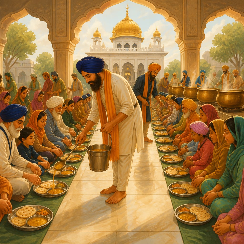 Communal langar at a Sikh gurdwara, sevadars serving rows of seated devotees