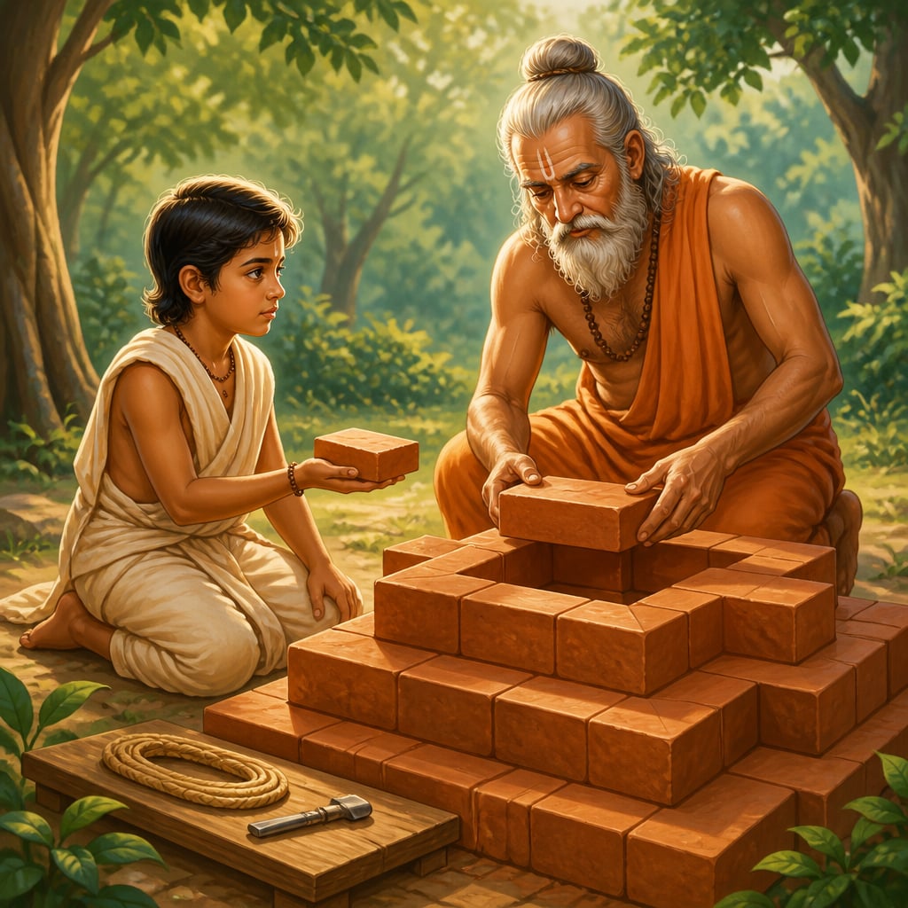 Vedic master craftsman placing a brick onto a fire altar while his apprentice watches