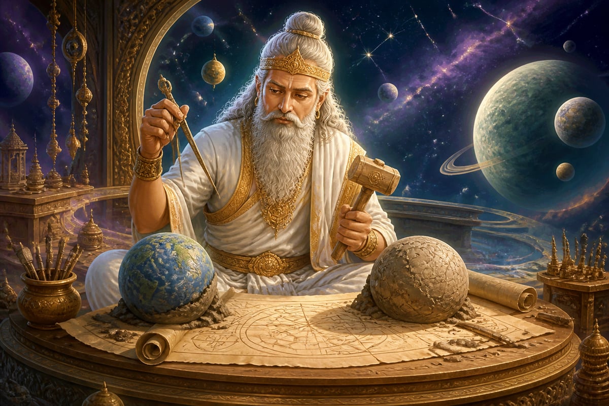 Vishwakarma the divine cosmic craftsman at his celestial workbench
