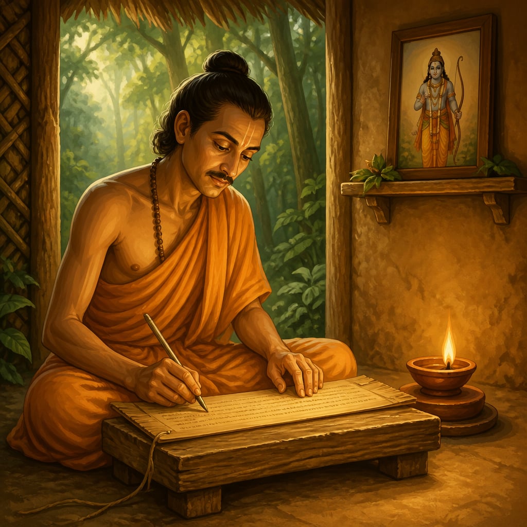 Devotee poet Potana copying Bhagavatam verses onto palm leaf by lamplight in a forest hut