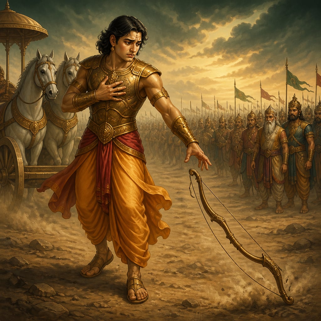 Arjuna frozen on the Kurukshetra battlefield, Gandiva slipping from his hand