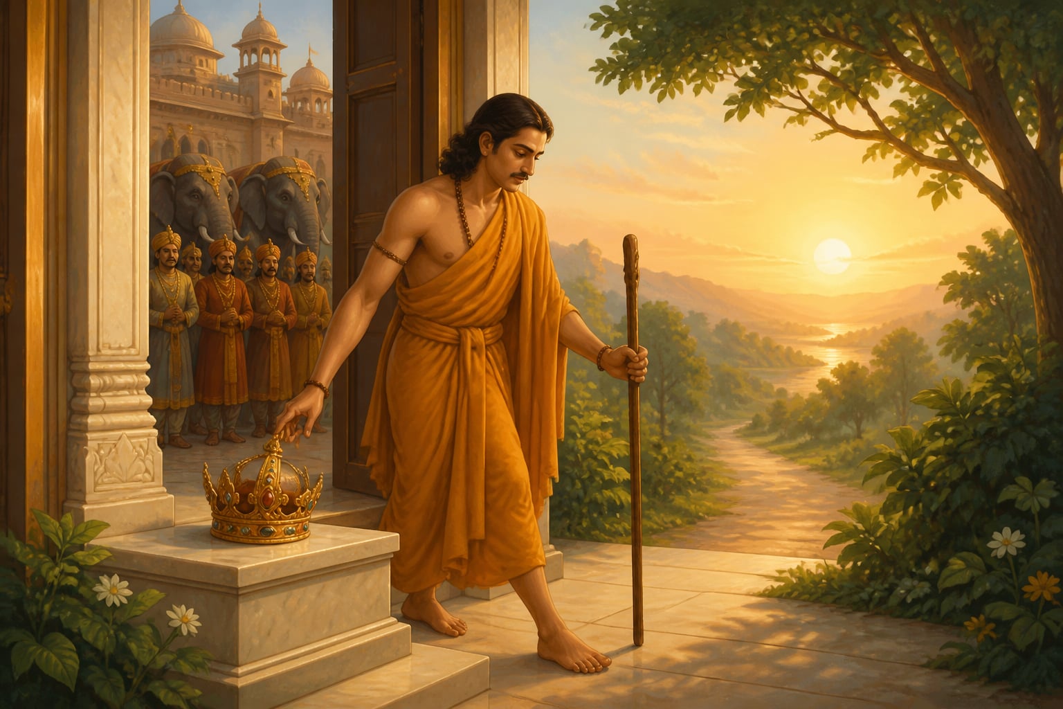 King Bhartrihari leaving his palace at dawn