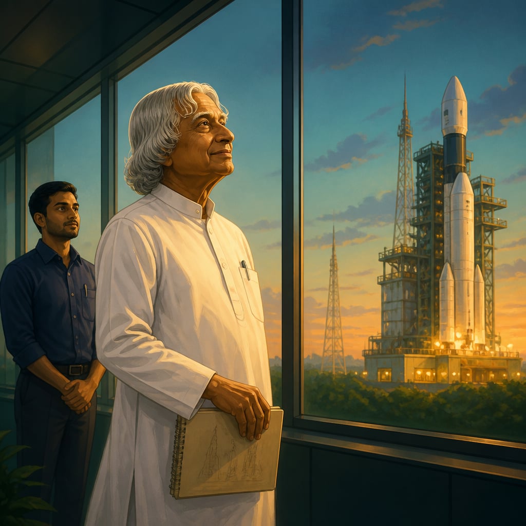 Dr APJ Abdul Kalam watching an ISRO rocket on the launch pad at pre-dawn