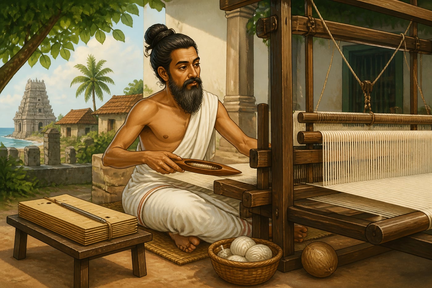 Thiruvalluvar weaving cloth and composing wisdom couplets