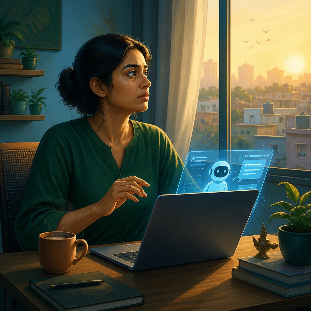 Indian knowledge worker at her home-office desk on a Monday morning facing an AI assistant window