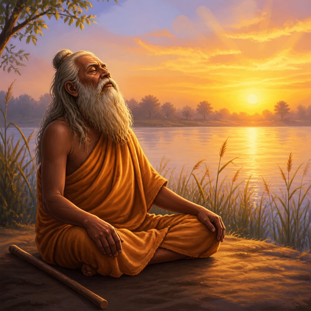 Blind seer Dirghatamas at the Saraswati at dawn