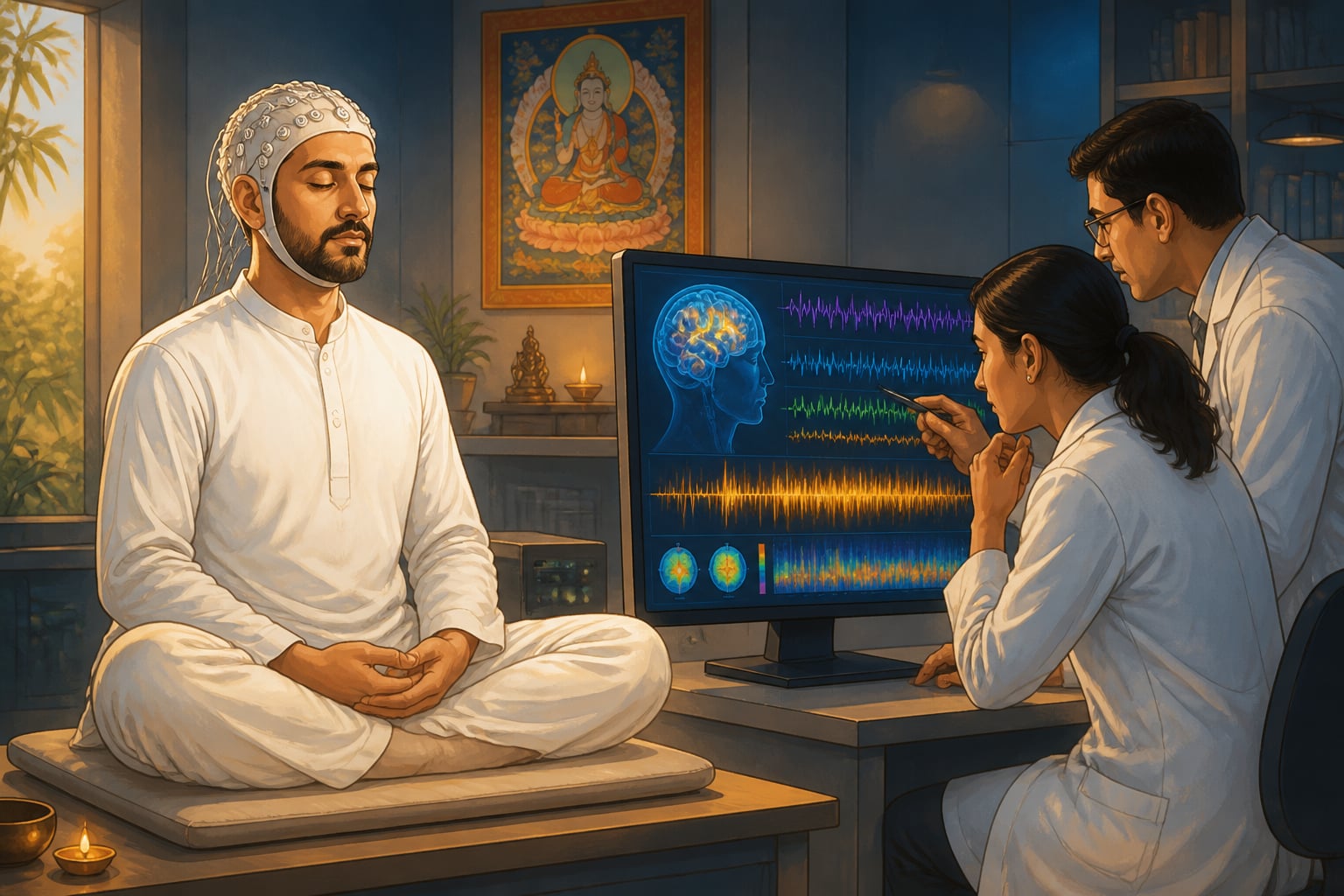 Long-term meditator with EEG cap in neuroscience lab