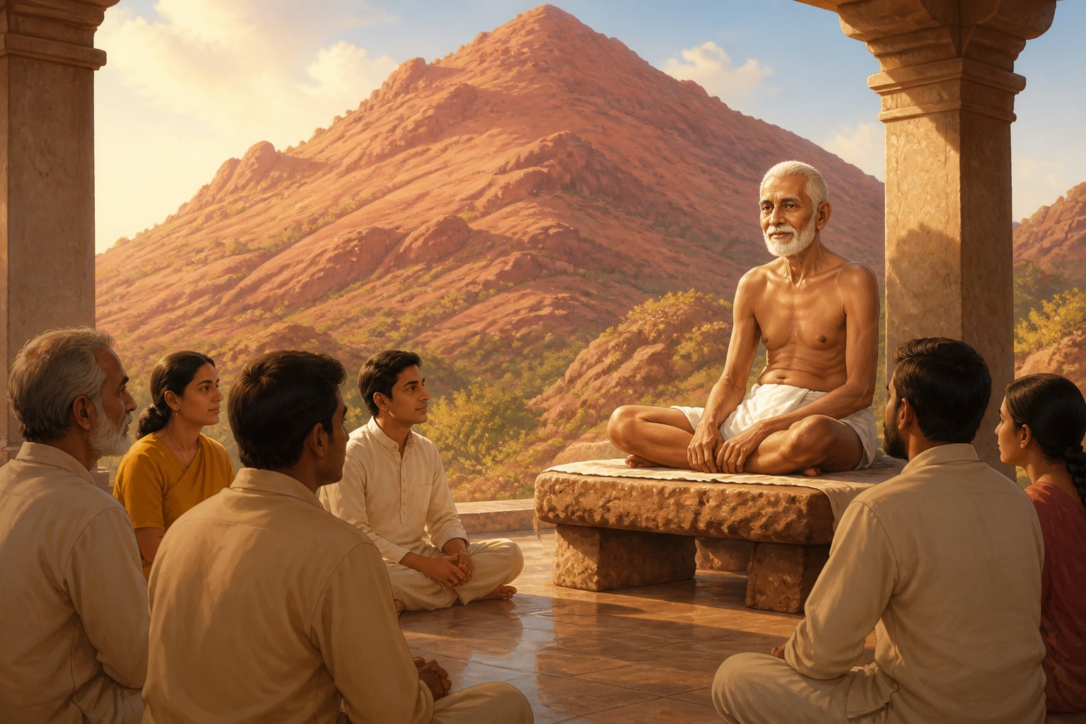 Ramana Maharshi seated in silence at Arunachala