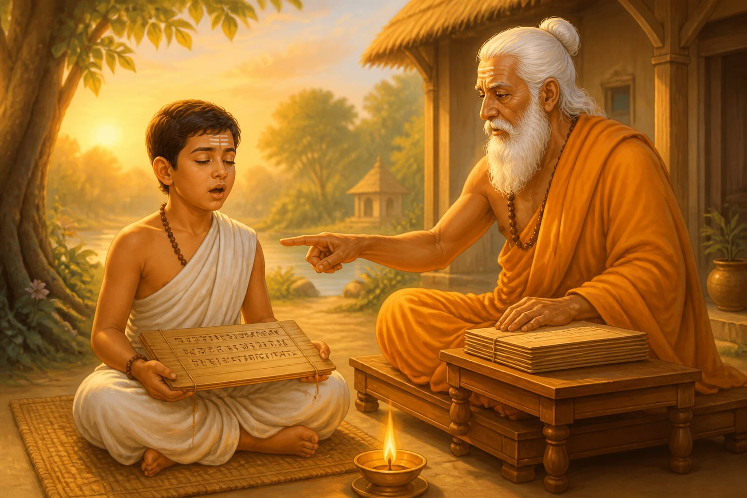 Young brahmachari recites mantras as guru points inward