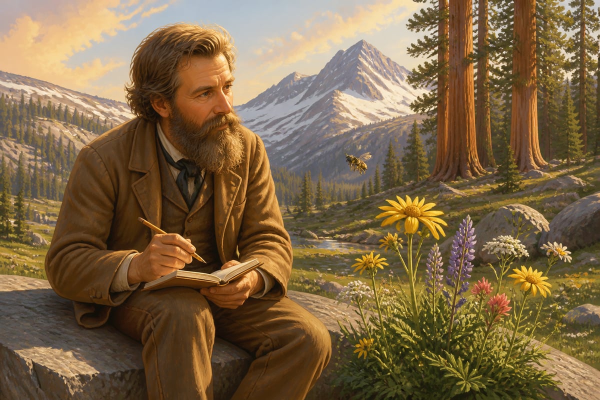John Muir observing a bee in a Sierra Nevada meadow