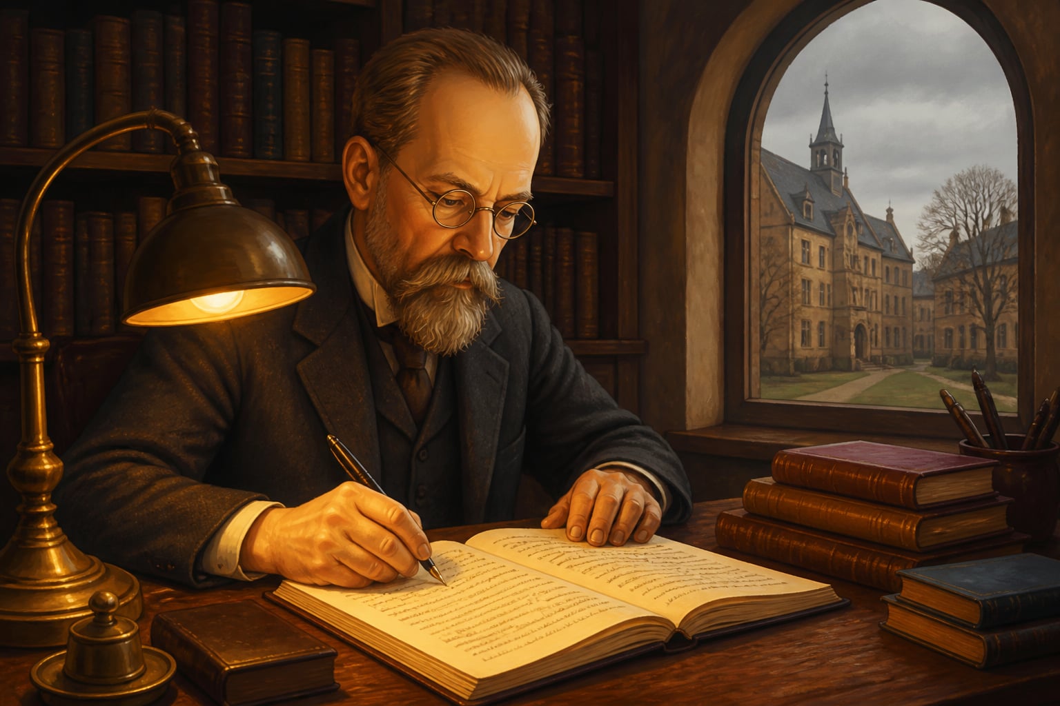 Edmund Husserl writing phenomenology at his Freiburg desk